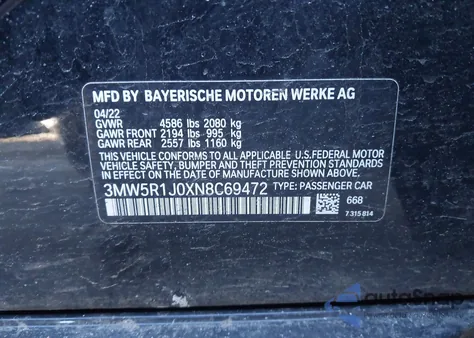 2022 BMW 330I z USA, uszkodzony, nr VIN 3MW5R1J0XN8C69472